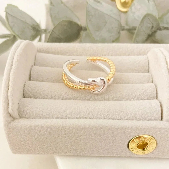 925 Sterling Silver Two Tone Ring Braided Knot Ring Cross Ring Silver & Gold - Picture 5 of 10